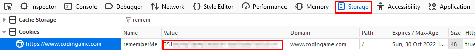 Screenshot of where to find the cookie in Firefox